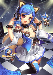 4girls animal_ear_headphones animal_ears blue_hair bracelet brown_eyes cat_ear_headphones cat_ears chibi cymbals double_bun drum drum_set drumsticks fake_animal_ears flat_chest guitar hair_bun hat headphones instrument jewelry keyboard_(instrument) kinjo_kuromomo multiple_girls original pixiv pixiv-tan skirt smile speaker thighhighs