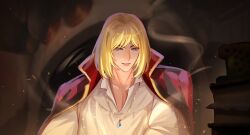 1boy absurdres argyle_clothes argyle_jacket blonde_hair blue_eyes collarbone gold_necklace highres howl_no_ugoku_shiro howl_pendragon indoors jacket jacket_on_shoulders jewelry laomengfen male_focus necklace parted_lips shirt short_hair smile smoke smoke_trail solo upper_body white_shirt