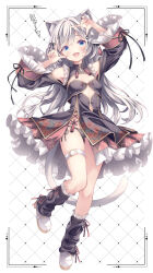 1girl :d animal_ear_fluff animal_ears arm_up bare_shoulders black_dress black_panties black_socks blue_eyes blush breasts cat_ears cat_girl cat_tail china_dress chinese_clothes commentary_request dress finger_frame frilled_socks frills full_body gluteal_fold grey_hair hair_between_eyes highres long_hair looking_at_viewer loose_socks open_mouth original panties ryo_(botugo) shoes side-tie_panties small_breasts smile socks solo tail thigh_gap underwear very_long_hair white_background white_shoes