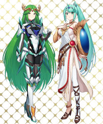 2girls absurdres armlet armor bare_shoulders belt blush breasts chest_jewel cleavage cosplay costume_switch dress earrings forehead_jewel gem gloves green322 green_eyes green_hair hair_ornament headpiece high_heels highres jewelry kid_icarus kid_icarus_uprising large_breasts laurel_crown long_hair looking_at_viewer multiple_belts multiple_girls necklace nintendo palutena pendant pneuma_(xenoblade) pneuma_(xenoblade)_(cosplay) ponytail sandals side_slit simple_background single_thighhigh smile strapless strapless_dress super_smash_bros. swept_bangs thighhighs tiara vambraces very_long_hair xenoblade_chronicles_(series) xenoblade_chronicles_2