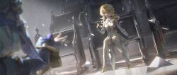 2girls artist_name blonde_hair blue_dress blue_hair blurry blurry_foreground breasts chinese_commentary commentary detached_sleeves dress flower full_body furina_(genshin_impact) genshin_impact hair_flower hair_ornament halo hand_up highres indoors light_particles lumine_(genshin_impact) medium_hair ming_zhentan_allk multicolored_hair multiple_girls on_chair out_of_frame parted_lips reaching reaching_towards_another shoes sitting small_breasts solo_focus sunlight teeth two-tone_hair white_dress white_hair white_shoes white_sleeves yellow_eyes