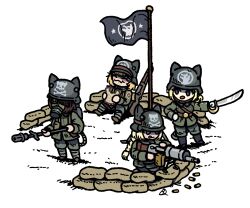 Rule 34 | 4girls, absurdres, animal ears helmet, animal helmet, blonde hair, blue eyes, blush stickers, brown hair, closed mouth, flag, flamethrower, food, full body, gas mask, gun, highres, holding, holding food, holding gun, holding sandwich, holding sword, holding weapon, kabewski, machine gun, mask, military combat uniform, military uniform, multiple girls, open mouth, original, pointing melee weapon, purple eyes, sandbag, sandwich, sitting, smile, soldier, standing, sword, tongue, tongue out, weapon, white background