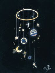 1other artist_name astronaut backpack bag circle commentary crescent_moon gloves hanging helmet highres kazunoko_(kazunoko_zunoco) mini_person mobile moon original planet planetary_ring radio_antenna signature solo space space_helmet sparkle star_(symbol) string white_gloves
