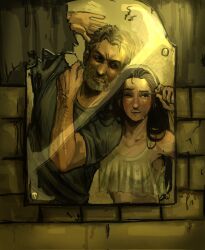 Rule 34 | 1boy, 1girl, angry, arm hair, bags under eyes, beard, black hair, blue shirt, breasts, brick wall, broken mirror, brown hair, clenched teeth, crop top, crying, crying with eyes open, eyelash curler, facial hair, hair slicked back, hairband, hand up, hetero, highres, holding, holding razor, leaning on person, light particles, looking at another, messy hair, mirror, nekromaxxing, nipples, one eye closed, original, razor, reflection, reflection focus, see-through clothes, shaving, shaving beard, shirt, short hair, stomach, tears, teeth