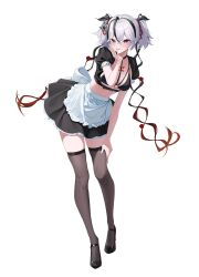 1girl alternate_costume apron black_bra black_eyes black_flower black_ribbon black_shoes black_skirt black_thighhighs blake_bloom_(wuthering_waves) blush bra camellya_(wuthering_waves) commentary_request enmaided flower full_body hair_between_eyes hair_flower hair_ornament hair_ribbon hair_vines hand_up highres korean_commentary leaning_forward looking_at_viewer maid midriff navel parted_lips red_pupils red_ribbon ribbon shoes short_hair skirt smile solo starblue thighhighs underwear waist_apron white_hair wuthering_waves