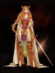 1girl black_background blue_eyes braid brown_hair jewelry long_hair nintendo pants pointy_ears princess_zelda redesign single_braid solo standing sword the_legend_of_zelda very_long_hair vhyrel weapon