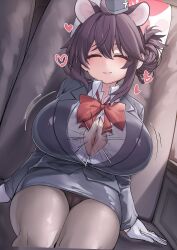 1girl animal_ears blue_archive bow bowtie breasts brown_hair button_gap center_opening cleavage closed_mouth commentary cowboy_shot dutch_angle facing_viewer gene_(gear_gene) gloves hair_bun halo heart highres huge_breasts invisible_man invisible_penis kaede_(blue_archive) kaede_(guide)_(blue_archive) official_alternate_costume paizuri panties panties_under_pantyhose pantyhose partially_unbuttoned perpendicular_paizuri red_bow red_bowtie red_halo single_side_bun sitting smile solo_focus underwear variant_set white_gloves