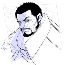 Rule 34 | 1boy, blind, cropped torso, facial hair, facing viewer, greyscale, highres, issho (fujitora), long sideburns, male focus, mature male, monochrome, mustache stubble, octo33, one piece, scar, scar across eye, scar on face, scar on forehead, short hair, sideburns, simple background, sketch, smirk, solo, stubble, unusually open eyes, wrinkled skin