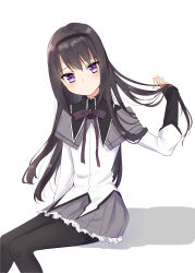 1girl :o absurdres akemi_homura akemi_homura_(magical_girl) black_capelet black_hair black_hairband black_pantyhose bow bowtie capelet collared_capelet commentary_request dot_nose dress expressionless feet_out_of_frame frilled_skirt frills hair_flip hairband hand_in_own_hair highres knees layered_sleeves light_blush long_hair long_sleeves looking_at_viewer magical_girl mahou_shoujo_madoka_magica mahou_shoujo_madoka_magica_(anime) miniskirt mochiko_(uyu_omochi) pantyhose parted_lips pleated_skirt purple_bow purple_bowtie purple_capelet purple_eyes purple_skirt shadow short_dress simple_background sitting skirt skirt_under_dress sleeves_past_wrists solo tsurime two-tone_capelet very_long_hair white_background white_dress
