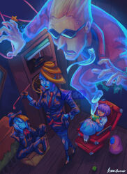 2boys 2girls artist_name ball beauty_(ghost_trick) black_suit blonde_hair blue_skin book bow colored_skin dandy_(ghost_trick) formal_clothes ghost ghost_trick hair_bow highres indoors kamila_(ghost_trick) lipstick makeup multiple_boys multiple_girls necktie red_suit sissel_(ghost_trick) sitting suit sunglasses tennis_ball vichi_60 wooden_floor