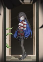 1girl absurdres bdsm black_hair black_pantyhose blue_eyes blue_hair bondage bondage_cuffs bound bound_legs bound_thighs collar collared_shirt full_body highres long_hair looking_at_mirror looking_at_viewer mask mirror mouth_mask original pantyhose pleated_skirt restrained shibari shibari_over_clothes shirt shoes skirt slave solo standing surgical_mask very_long_hair white_shirt xiongmao