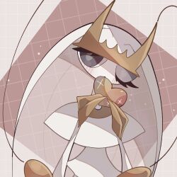 1girl :o animal_hands antennae arthropod_girl blue_pupils blush colored_skin eyelashes female_focus furry furry_female gen_7_pokemon grid_background hands_up head_tilt heart highres holding holding_heart long_hair looking_at_viewer namako_(na_ma_koko) nintendo one_eye_closed open_mouth pheromosa pokemon pokemon_(creature) purple_eyes red_background solo translucent_hair ultra_beast upper_body white_hair white_skin
