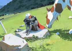 1boy absurdres animal armor armored_boots boots cape closed_eyes cow day dutch_angle facing_to_the_side faulds from_side full_armor gauntlets grass grazing_(livestock) greaves head_rest helmet highres horse huahua_zhu knees_up male_focus meadow mountainous_horizon nature original outdoors pauldrons planted planted_sword planted_weapon red_cape short_hair shoulder_armor sleeping sleeping_upright sword unworn_headwear unworn_helmet weapon white_hair