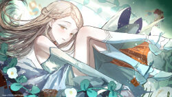 1girl absurdres blonde_hair blush braid commentary detached_sleeves dress earrings eyelashes flower from_side gakuen_idolmaster green_dress green_shoes highres idolmaster jewelry koukei_(idolmaster) kyafu leaf long_hair looking_at_viewer necklace orange_eyes parted_lips shinosawa_hiro shoes socks solo stud_earrings toeless_legwear white_flower white_socks
