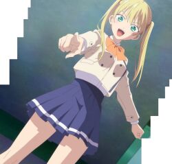 1girl anime_screenshot blazer blonde_hair blue_skirt bow bowtie breasts dot_nose fangs female_focus green_eyes highres hoshizaki_rika_(kanojo_mo_kanojo) jacket kanojo_mo_kanojo large_breasts legs long_hair long_sleeves looking_at_viewer miniskirt open_mouth orange_bow orange_bowtie pleated_skirt pointing pointing_at_viewer school_uniform shirt shirt_tucked_in skirt solo solo_focus stitched teeth thighs third-party_edit twintails upper_teeth_only white_shirt