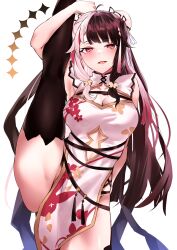 :p armpits artist_request blush chinese_clothes hair_bun hair_ornament looking_at_viewer multicolored_hair nijisanji red_eyes ribbon simple_background sleeveless split standing standing_on_one_leg standing_split tagme thighhighs thighs tongue tongue_out two-tone_hair white_background yorumi_rena