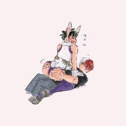2boys ass bent_over blush boku_no_hero_academia bones_(company) boots burn_scar cosplay embarrassed freckles gloves grabbing_another&#039;s_ass green_hair groping highres huge_ass leotard lying midoriya_izuku mirko multicolored_hair multiple_boys nervous pancakeice_twt pants red_hair scar shirt shounen_jump tododeku todoroki_shouto two-tone_hair wavy_mouth white_hair yaoi