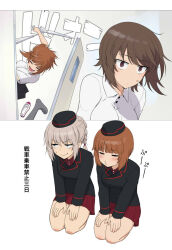 Rule 34 | 3girls, averting eyes, black headwear, black jacket, black skirt, blue eyes, braid, braided ponytail, brown eyes, brown hair, closed eyes, closed mouth, collared shirt, commentary, dress shirt, fighting, garrison cap, girls und panzer, grey hair, grey socks, hair tie, half-closed eyes, hands on own thighs, hat, highres, itsumi erika, jacket, kuromorimine military uniform, lapels, long sleeves, military hat, military uniform, miniskirt, multiple girls, nishizumi maho, nishizumi miho, notched lapels, open mouth, pleated skirt, puckered lips, red shirt, red skirt, school uniform, seiza, shirt, shoes, short hair, siblings, single braid, sisters, sitting, skirt, smile, socks, sweatdrop, uwabaki, wata do chinkuru, white shirt