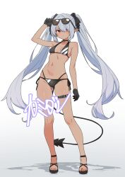 Rule 34 | 1girl, belt, bikini, black bikini, black gloves, black tail, blue archive, blush, breasts, dark-skinned female, dark skin, demon tail, eyewear on head, full body, gloves, gradient background, grey background, grey hair, highres, iori (blue archive), iori (swimsuit) (blue archive), kamidan, long hair, looking at viewer, medium breasts, navel, official alternate costume, red eyes, sandals, shadow, solo, standing, stomach, sunglasses, swimsuit, tail, thigh belt, thigh strap, toes, twintails, very long hair, white background