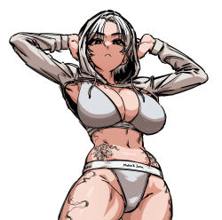 1girl bra breasts gigle groin hood hoodie large_breasts navel short_hair simple_background tagme tattoo underwear white_background