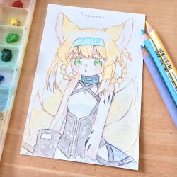 1girl absurdres animal_ears arknights art_tools_in_frame blonde_hair blue_hairband blush braid braided_hair_rings character_name commentary_request fox_ears fox_girl fox_tail green_eyes hair_rings hairband haru_(aona1122) highres infection_monitor_(arknights) kitsune kyuubi material_growth multiple_tails open_mouth oripathy_lesion_(arknights) short_hair solo suzuran_(arknights) tail traditional_media twin_braids