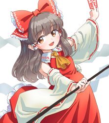 Rule 34 | 1girl, ascot, between fingers, blunt bangs, bow, brown hair, collar, collared dress, detached sleeves, dress, frilled collar, frilled dress, frills, gohei, hair bow, hair tubes, hakurei reimu, highres, holding, holding wand, japanese clothes, long hair, long sleeves, miko, ofuda, ofuda between fingers, open mouth, red bow, red dress, ribbon-trimmed sleeves, ribbon trim, s-a-murai, sleeveless, sleeveless dress, solo, touhou, wand, white sleeves, wide sleeves, yellow ascot, yellow eyes