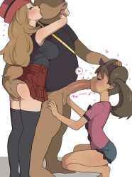 1boy 2girls ass black_eyes black_shirt black_thighhighs blue_shorts blush breasts brown_hair closed_eyes dark-skinned_female dark-skinned_male dark_skin faceless faceless_male fat fat_man fellatio ffm_threesome fingering french_kiss group_sex hand_on_another&#039;s_head hat heart hetero highres kiss large_penis loli long_hair looking_at_viewer medium_breasts multiple_girls nintendo oral penis pimp pink_shirt pleated_skirt pokemon pokemon_xy red_headwear red_skirt reona_(mesuinupoke) serena_(pokemon) shauna_(pokemon) shirt short_hair short_shorts shorts simple_background skirt sleeveless sleeveless_shirt spoken_heart squatting standing sweat testicles thighhighs threesome tierno_(pokemon) tongue tongue_out uncensored white_background