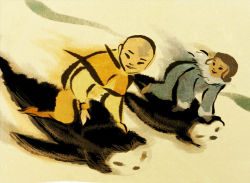1boy 1girl aang annuraaq avatar:_the_last_airbender avatar_legends bald bird fur isaia katara long_hair penguin penguin_sledding smile snow tattoo traditional_media