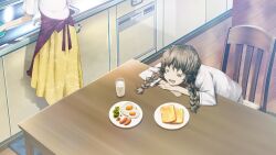=_= amane_suzuha amane_yuki apron back_bow bow braid bread bread_slice breakfast brown_hair chair cherry_tomato day egg_(food) egg_yolk food from_above from_behind game_cg glass hair_between_eyes hair_tie head_on_hands head_on_table head_out_of_frame highres huke indoors kitchen leaning_forward lettuce long_skirt milk mother_and_daughter non-web_source official_art open_mouth pajamas plate red_apron red_bow sausage shiny_lips shirt short_sleeves sitting skirt standing steins;gate steins;gate:_linear_bounded_phenogram table toast tomato tongue twin_braids twintails white_pajamas white_shirt wide_sleeves wooden_chair wooden_floor wooden_table yellow_skirt