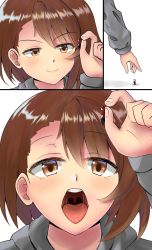 1boy 1girl brown_hair creatures_(company) game_freak giant giantess gloria_(pokemon) highres nintendo open_mouth pokemon saliva teeth tongue uvula vore