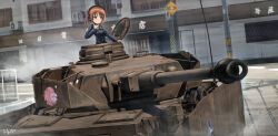 absurdres air_conditioner anglerfish fish girls_und_panzer grey_jacket headphones highres jacket kk90 looking_at_viewer medium_hair military military_vehicle motor_vehicle nishizumi_miho ooarai_military_uniform open_hatch orange_eyes orange_hair panzer_iv tank throat_microphone