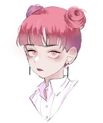 1girl double_bun earrings frown hair_bun highres jewelry mismatched_eyebrows original pink_hair portrait purple_lips solo yoshiki43445590