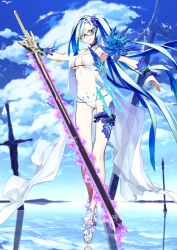 1girl aqua_hair arm_garter armband bare_shoulders bikini black-framed_eyewear blue_background blue_flower blue_hair blue_nails blue_sky breasts brynhild_(fate) brynhild_(swimsuit_berserker)_(fate) brynhild_(swimsuit_berserker)_(first_ascension)_(fate) choker cleavage closed_mouth cloud cloudy_sky colored_inner_hair crossed_ankles day eyepatch_bikini fate/grand_order fate_(series) fingernails floating_clothes floating_hair flower frilled_choker frilled_thigh_strap frills full_body game_cg glasses gluteal_fold hair_ornament hair_scrunchie hands_up head_tilt high_side_ponytail holding holding_sword holding_weapon horizon huge_weapon long_hair looking_at_viewer medium_breasts miwa_shirow multicolored_hair navel official_art outstretched_arms purple_eyes purple_scrunchie ripples sandals scrunchie semi-rimless_eyewear sky smile solo spaghetti_strap stomach swept_bangs swimsuit swimsuit_cover-up sword thigh_strap third-party_source toenails toes under-rim_eyewear underboob variant_set very_long_hair weapon white_bikini white_sandals wrist_cuffs