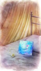 bed bed_frame book border commentary fate/grand_order fate_(series) flower flower_request lasengle mermaid monster_girl no_humans official_art petals scenery still_life the_little_mermaid_(disney) third-party_source white_border white_flower yellow_background