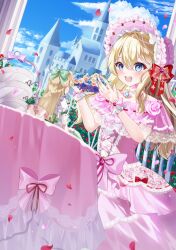 1girl :d bare_shoulders blonde_hair blue_eyes blue_sky blush bonnet bow castle choker cloud commentary_request cross-laced_clothes cross-laced_dress cup day doll dress dress_bow falling_petals flower frilled_bonnet frilled_wrist_cuffs frills hair_between_eyes head_wreath highres holding_head_wreath jewelry lace lace-trimmed_dress lace_trim long_hair necklace open_mouth original outdoors pearl_necklace pendant petals pillar pink_bonnet pink_bow pink_choker pink_dress plate red_bow red_petals ribbon_choker rose sky smile solo strapless strapless_dress table tablecloth teacup teeth tiered_tray tsukimiya_sara upper_teeth_only wrist_cuffs