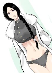 1girl anno_im black_hair bleach braid braided_ponytail breasts crop_top female_focus jacket large_breasts long_hair looking_to_the_side mature_female open_mouth panties simple_background standing underwear unohana_retsu