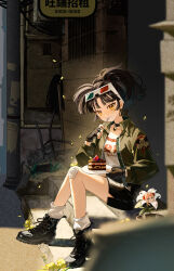 1girl 3d_glasses absurdres alley an-an_lee ankle_boots black_boots black_choker black_hair black_skirt boots cake cake_slice choker clothes_writing commission eyewear_on_head flower food fruit full_body gauze_on_knee green_jacket highres holding holding_plate holding_utensil jacket looking_at_viewer medium_hair miniskirt open_clothes open_jacket outdoors plant plate ponytail potted_plant reverse:1999 second-party_source shirt sign sitting sitting_on_stairs skirt socks solo sop_(sopdraws) stairs strawberry utensil_in_mouth utility_pole white_flower white_shirt white_socks yellow_eyes yin_yang