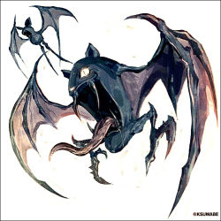 animal_ears bat_(animal) bat_ears bat_wings commentary_request drooling fangs flying gen_1_pokemon glowing glowing_eyes golbat k-suwabe legs nintendo no_humans open_mouth pokemon pokemon_(creature) slit_pupils spiked_wings spikes spread_wings talons tongue tongue_out twitter_username white_background wings zubat
