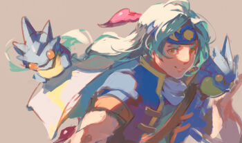 Rule 34 | 1boy, aqua hair, blue headband, blue scarf, djinn (golden sun), garmmy, golden sun, headband, jacket, light smile, long hair, looking at viewer, piers (golden sun), scarf, scorpion tail, short-sleeved jacket, short sleeves, simple background, tail, very long hair, yellow eyes