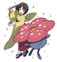 1girl black_eyes black_hair cherry_blossoms commentary erika_(pokemon) full_body furisode_sleeves gen_1_pokemon hairband hakama hand_fan hidakarumen holding holding_fan holding_poke_ball japanese_clothes looking_at_viewer nintendo open_mouth poke_ball poke_ball_(basic) pokemon pokemon_(creature) pokemon_frlg red_hairband red_hakama sandals short_hair socks solo symbol-only_commentary vileplume white_background white_socks wide_sleeves