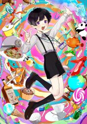 1boy black_hair black_shoes black_shorts black_socks bottle candle candy collared_shirt commission cup cupcake eraser food fork french_toast full_body globe high_heels highres ice_cream id_card index_finger_raised kneehighs knife lamp lanyard lollipop long_sleeves looking_at_viewer male_focus minai_mosa multicolored_background neon_palette open_mouth original pasta plate pointy_ears purple_eyes scissors shirt shoes short_hair shorts signature socks solo spaghetti suspenders syrup teacup umbrella unworn_footwear white_shirt
