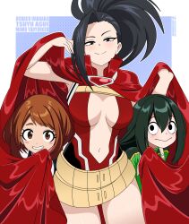 3girls absurdres asui_tsuyu black_bodysuit black_eyes black_hair blue_background bodysuit boku_no_hero_academia breasts breasts_apart brown_eyes brown_hair cape cape_hold center_opening cleavage closed_mouth english_text green_bodysuit green_hair hair_pulled_back high_ponytail highres large_breasts leotard long_hair looking_at_viewer medium_hair multiple_girls multiple_views navel nico-neko parted_lips ponytail red_cape red_leotard smile smug two-tone_bodysuit uraraka_ochako white_bodysuit yaoyorozu_momo