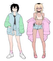 2girls anklet bikini bikini_tan black_hair blonde_hair breasts choker commentary dual_persona english_commentary fur_jacket glasses gyaru hand_in_pocket highleg highleg_bikini highres jacket jewelry multicolored_hair multicolored_jacket multiple_girls navel navel_piercing original piercing pink_hair pink_socks pubic_tattoo roots_(hair) short_shorts shorts sleeves_past_wrists small_breasts socks swimsuit tan tanline tattoo two-tone_hair two-tone_jacket yblndr