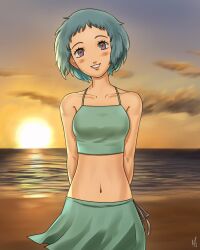 1girl absurdres aqua_bikini aqua_hair beach bikini blush breasts cloud cloudy_sky highres looking_at_viewer medium_breasts ocean persona persona_3 short_hair sky smile stomach summer sun sunset swimsuit water xeeoh yamagishi_fuuka