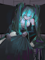 1girl absurdres aqua_eyes aqua_hair aqua_nails aqua_necktie bare_shoulders black_skirt black_sleeves blanket breasts closed_mouth collared_shirt covering_with_blanket detached_sleeves grey_shirt hair_between_eyes hair_ornament hatsune_miku highres holding indoors jinj0121 leaning_forward long_hair looking_down nail_polish necktie number_tattoo shirt skirt sleeveless sleeveless_shirt smile solo tattoo tiles twintails very_long_hair vocaloid white_shirt wide_sleeves
