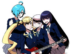 4girls ahoge bass_guitar blonde_hair breast_envy breasts drill_hair holding holding_bass_guitar holding_instrument instrument isemi_tina kukuruyo kurogane_otoha long_hair long_sleeves looking_at_viewer multiple_girls purple_eyes rock_wa_lady_no_tashinami_deshite school_uniform shiraya_tamaki smile suzunomiya_lilisa twintails white_background