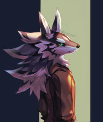 1boy animal_ear_piercing body_fur brown_jacket closed_mouth from_side furry green_eyes hands_in_pockets highres jackal_boy jacket looking_at_viewer male_focus seth_(housamo) solo sora-ya_(uya_kyo) tokyo_houkago_summoners twitter_username