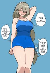 1girl absurdres alexandrina_sebastiane blue_background breasts commentary covered_navel english_commentary english_text highres large_breasts one-piece_swimsuit school_swimsuit simple_background solo speech_bubble swimsuit tearing_clothes thighs torn_clothes undersized_clothes wgh18 zenless_zone_zero