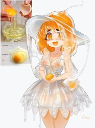 1girl :d bag blush breasts cleavage collarbone commentary covered_erect_nipples cowboy_shot dress egg egg_(food) egg_yolk english_commentary food hat highres holding holding_egg kvxart looking_at_viewer medium_breasts medium_hair mole mole_under_eye open_mouth orange_eyes orange_hair original panties personification photo_inset see-through_clothes see-through_dress see-through_headwear short_sleeves shoulder_bag simple_background smile solo suggestive_fluid sweat twitter_username underwear white_background white_bag white_dress white_hat white_panties