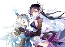 Rule 34 | 2girls, artist collaboration, black gloves, black hair, blue dress, blue eyes, blue hair, breasts, cerydra (honkai: star rail), colored inner hair, commentary request, crown, dress, from side, gloves, hair intakes, hair ornament, honkai: star rail, honkai (series), hysilens (honkai: star rail), large breasts, long hair, mini crown, multicolored hair, multiple girls, nani miteru0, purple dress, purple eyes, sideboob, simple background, thighs, twitter username, two-tone hair, white background, wings, yoshino mugiko